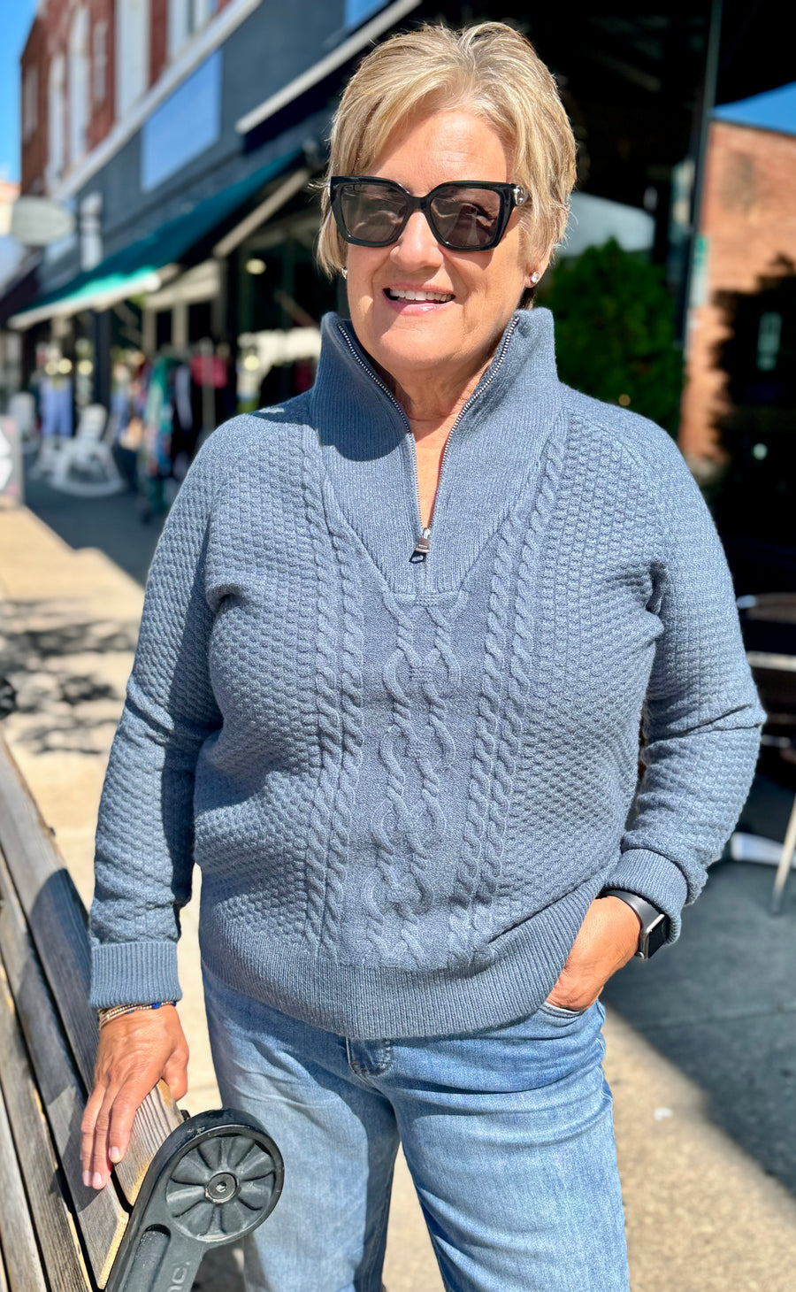 STEEL BLUE CABLE KNIT ZIP NECK SWEATER
