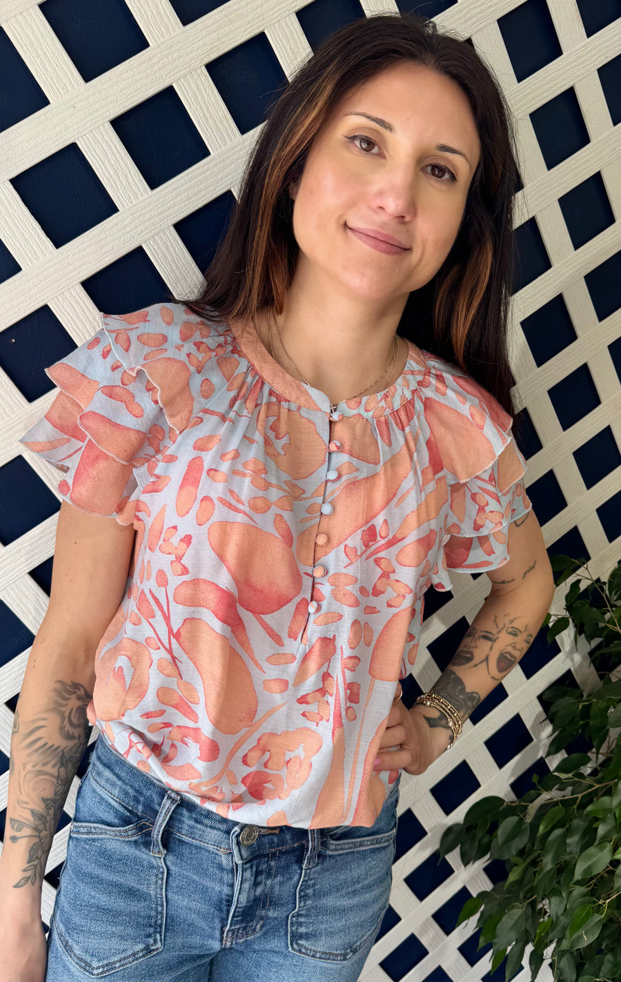 JONI ICE WATER BLOOMING DAHLIAS SHORT SLEEVE TOP
