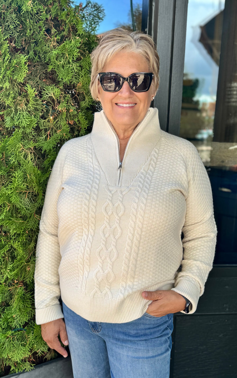 IVORY CABLE KNIT ZIP NECK SWEATER
