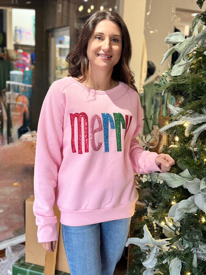 PINK SEQUIN MERRY CREW SWEATSHIRT