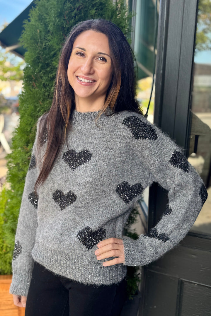 GREY SPARKLE HEART COZY SWEATER