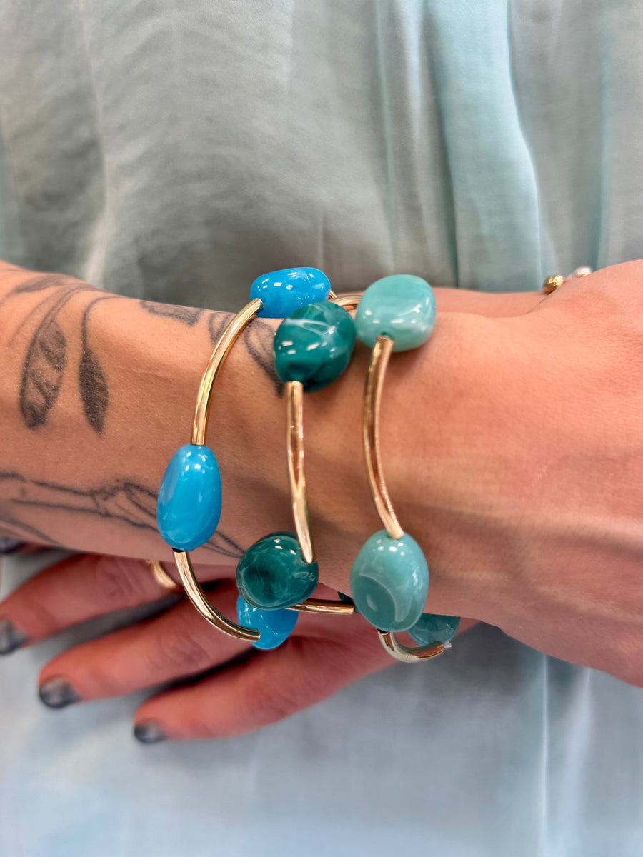 TURQUOISE & GOLD ELASTIC BEADED BRACELET SET
