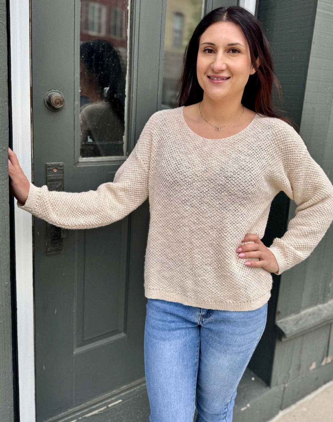 MIDGE NATURAL BASKET WEAVE CREW SWEATER