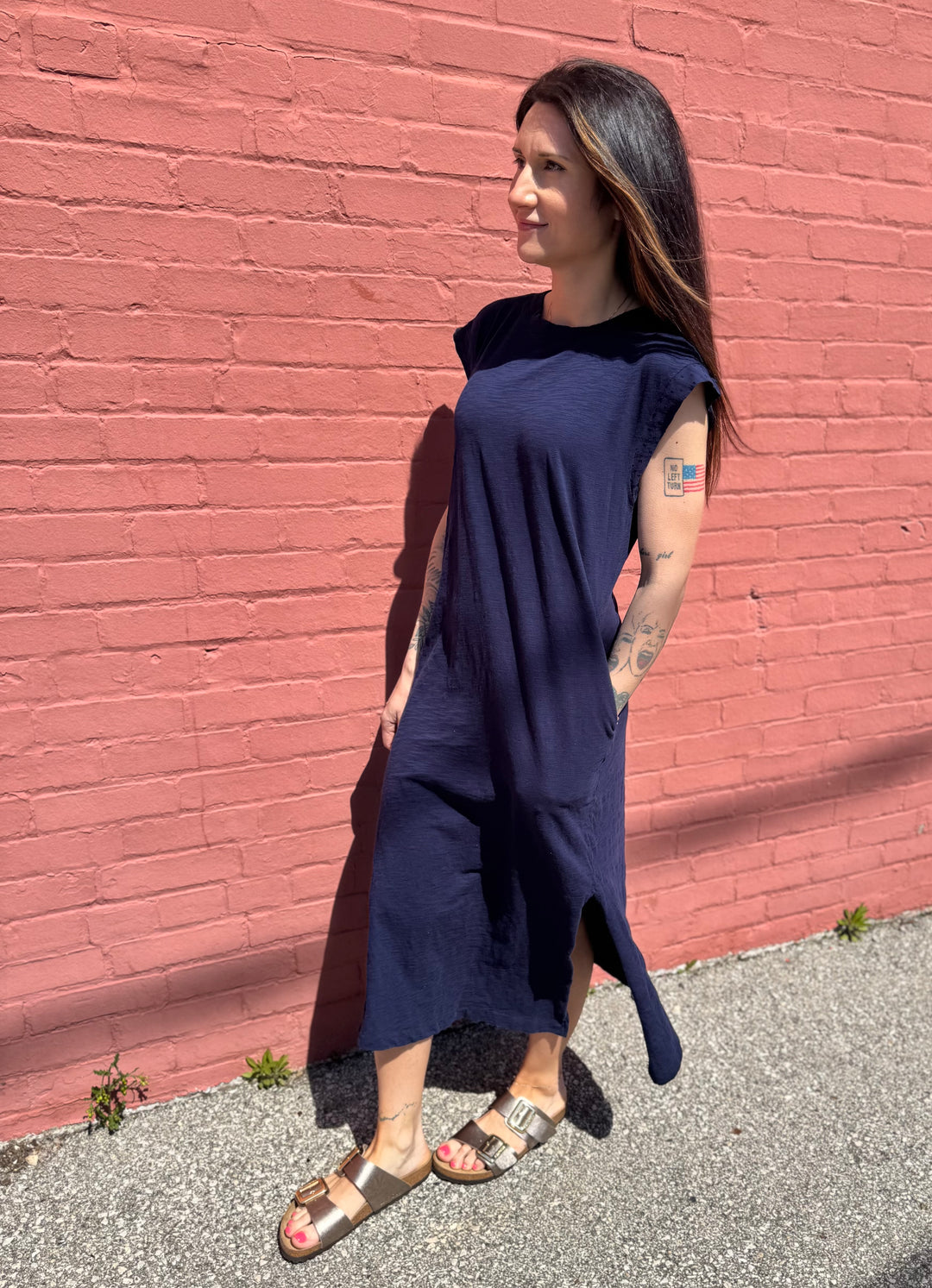 VIBRANT NAVY CAP SLEEVE COLUMN DRESS