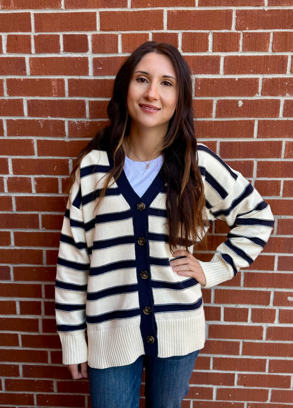 CONNIE NAVY & CREAM STRIPE CARDIGAN
