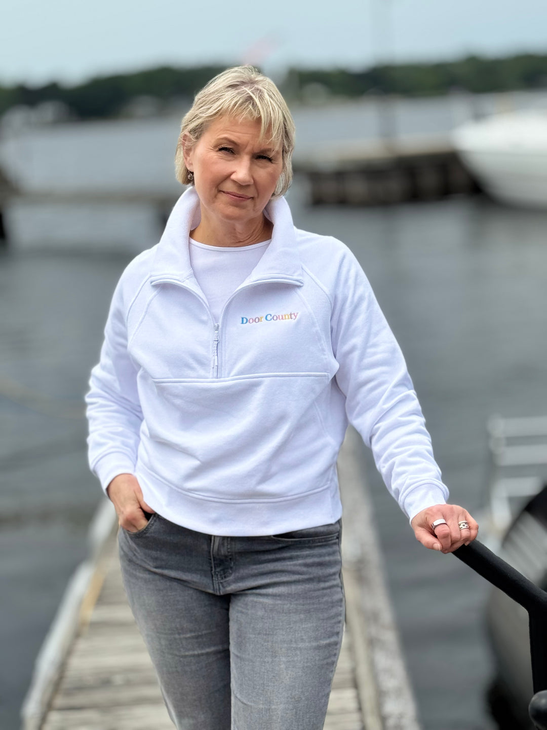 DOOR COUNTY WHITE EMBROIDERED HALF ZIP SWEATSHIRT