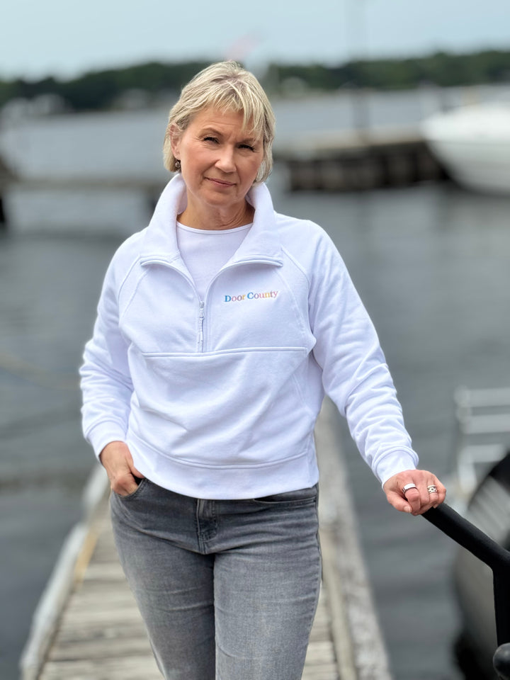 DOOR COUNTY WHITE EMBROIDERED HALF ZIP SWEATSHIRT
