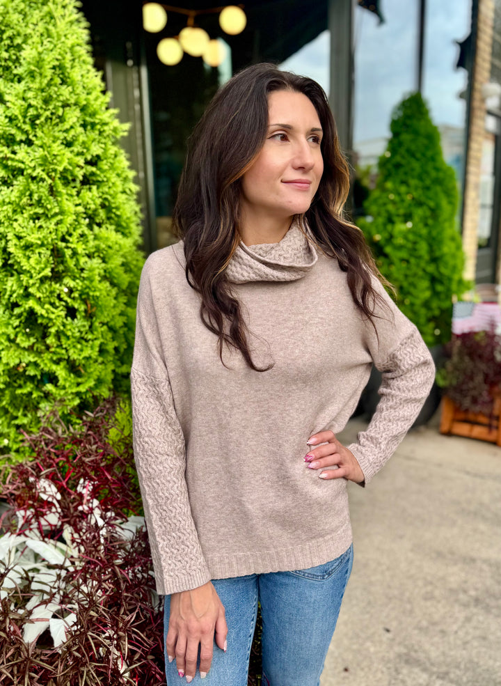 OATMEAL TEXTURED KNIT COWL NECK SWEATER
