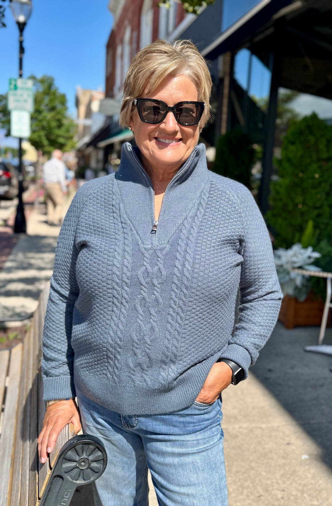STEEL BLUE CABLE KNIT ZIP NECK SWEATER