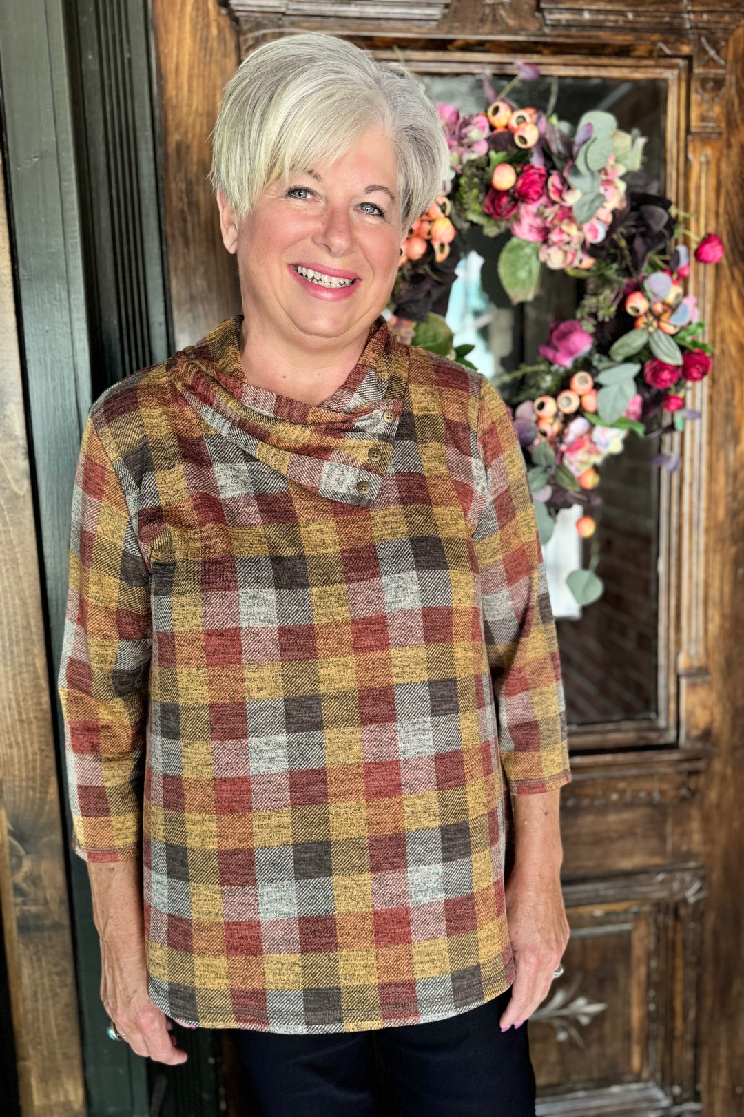 ADA BROWN CLAY PRINT COWL NECK TOP