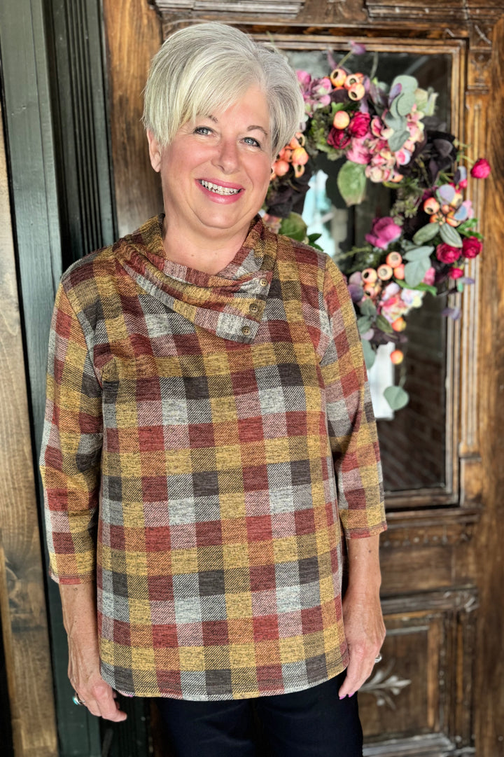 ADA BROWN CLAY PRINT COWL NECK TOP