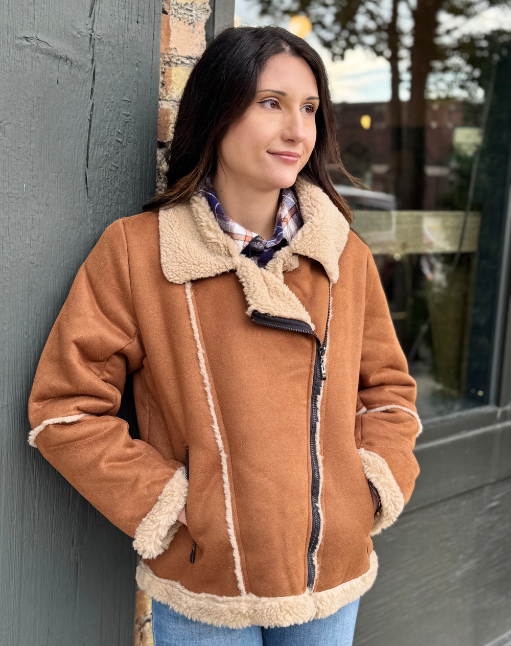 COGNAC SHERPA LINED BOMBER JACKET
