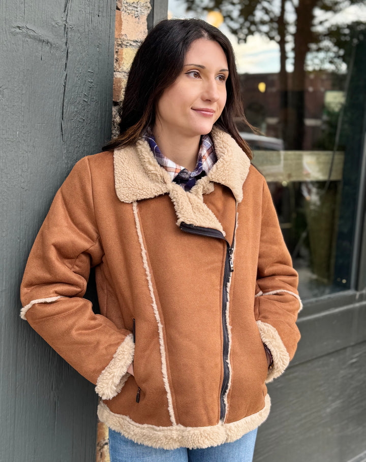 COGNAC SHERPA LINED BOMBER JACKET