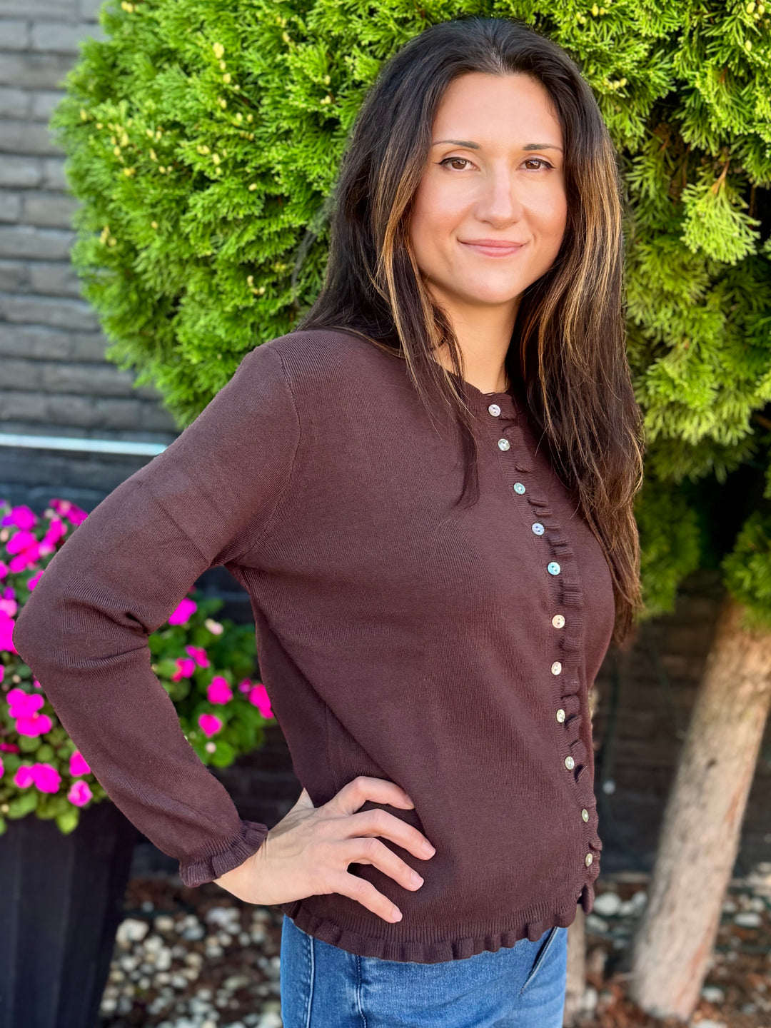 CHOCOLATE RUFFLE EDGE BUTTON UP CARDIGAN