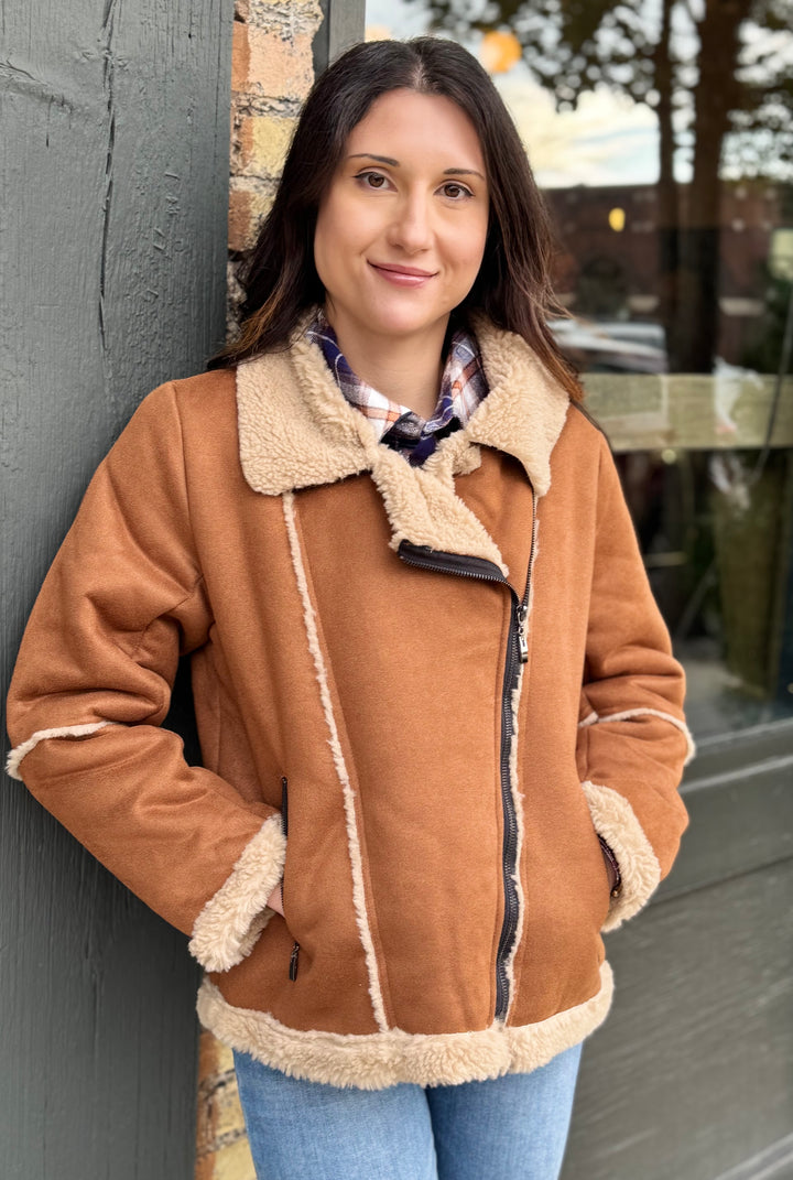 COGNAC SHERPA LINED BOMBER JACKET