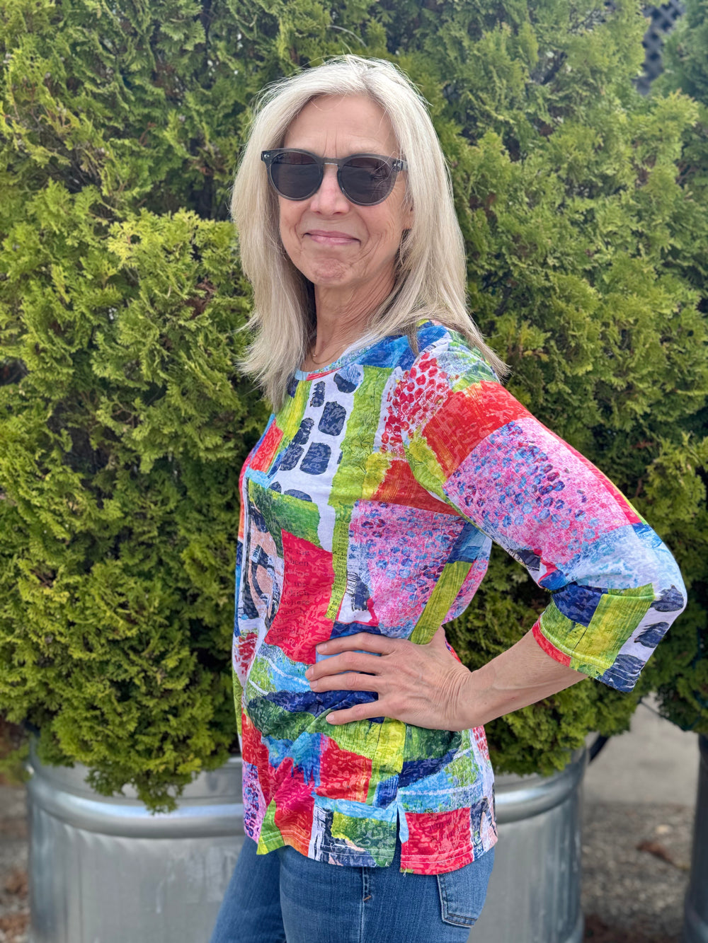 ABSTRACT PATCHWORK PRINT 3/4 SLEEVE TOP
