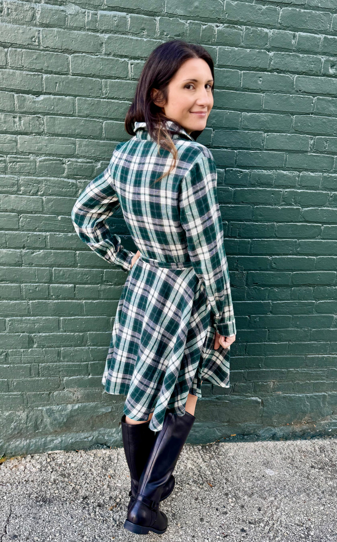 CASSIE EVERGREEN PLAID FLARE SHIRT DRESS
