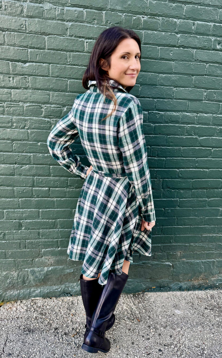 CASSIE EVERGREEN PLAID FLARE SHIRT DRESS