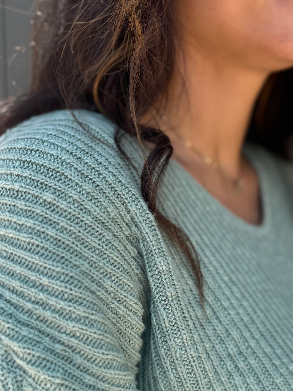 MAGGIE CELADON DROP SHOULDER V-NECK SWEATER
