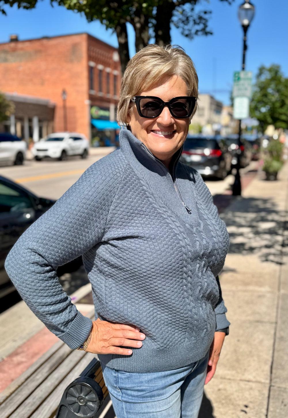 STEEL BLUE CABLE KNIT ZIP NECK SWEATER
