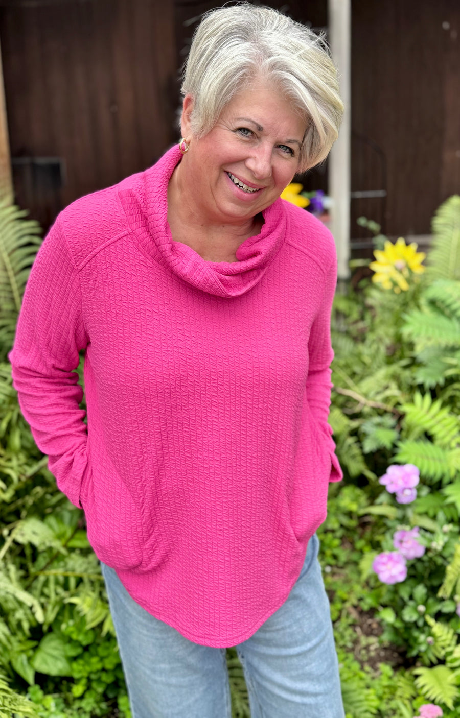 PINK TEXTURE COWL KNIT TOP
