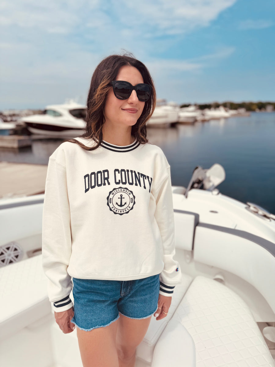 CREAM/MIDNIGHT DOOR COUNTY REVERSE WEAVE CREW SWEATSHIRT
