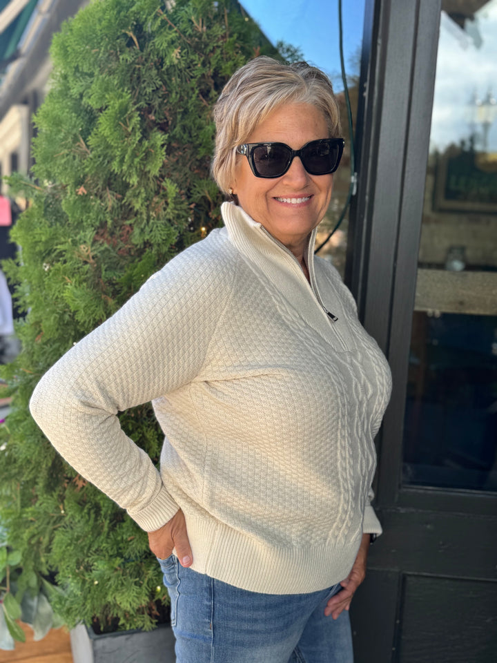 IVORY CABLE KNIT ZIP NECK SWEATER