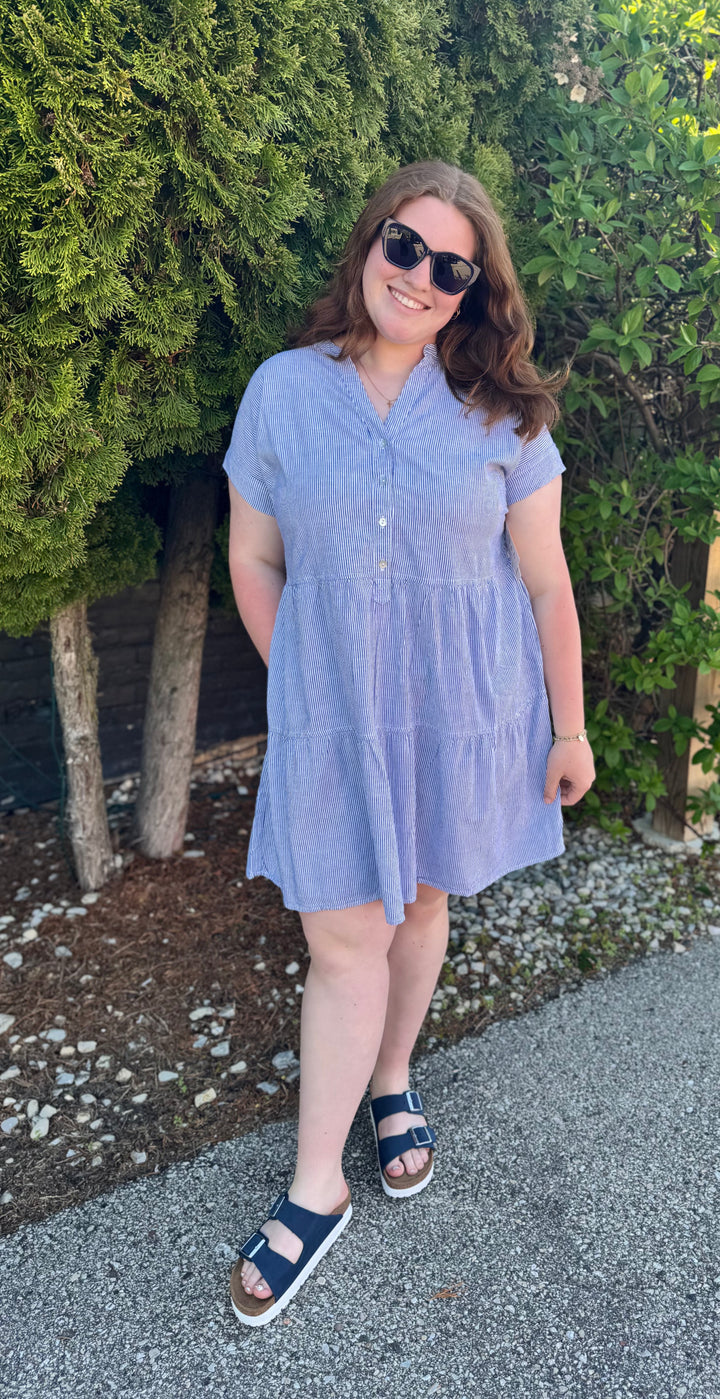 INDIGO STRIPE TIERED DRESS