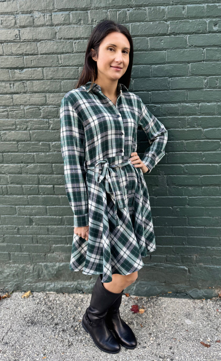 CASSIE EVERGREEN PLAID FLARE SHIRT DRESS