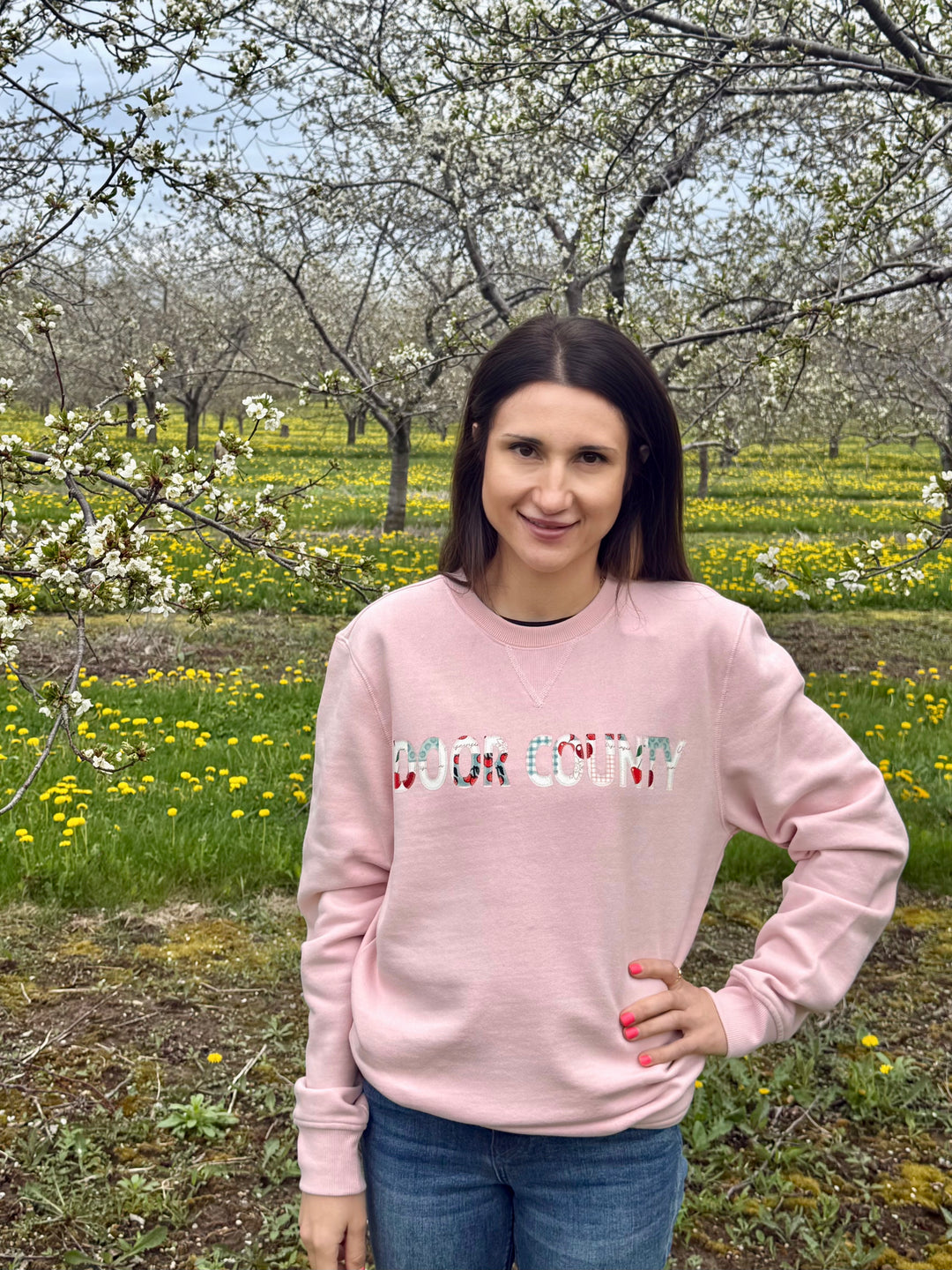 LOTUS DOOR COUNTY CHERRY PRINT APPLIQUE CREW SWEATSHIRT
