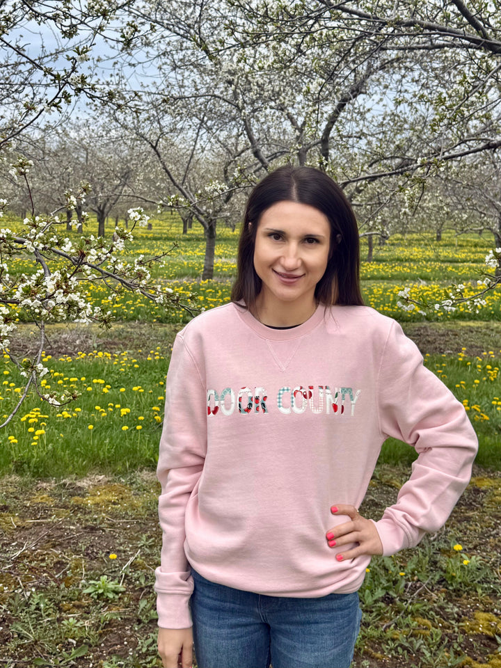 LOTUS DOOR COUNTY CHERRY PRINT APPLIQUE CREW SWEATSHIRT