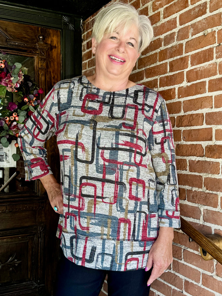 PATRICE GREY & BLACK WAFFLE BOX PRINT TOP