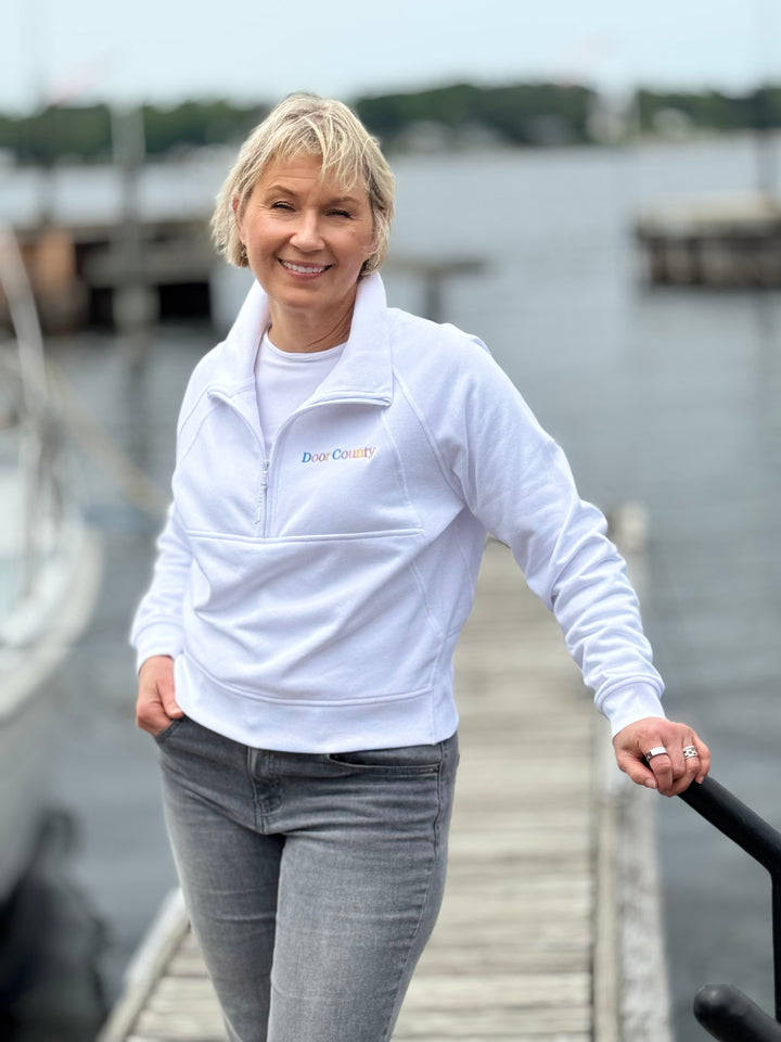 DOOR COUNTY WHITE EMBROIDERED HALF ZIP SWEATSHIRT