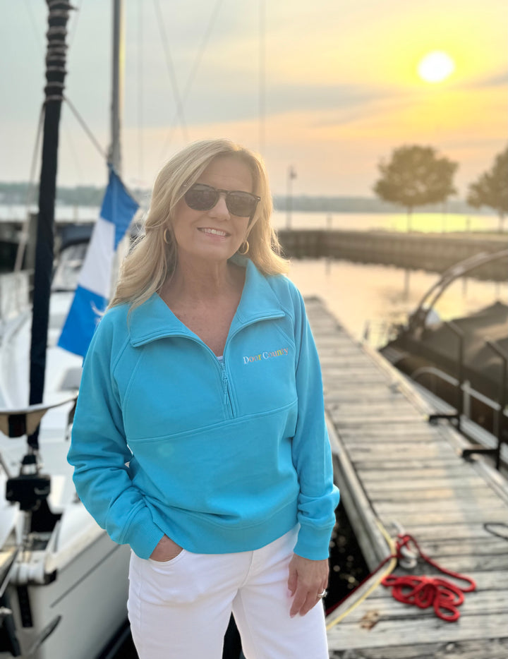 DOOR COUNTY TROPICAL BLUE EMBROIDERED  HALF ZIP SWEATSHIRT