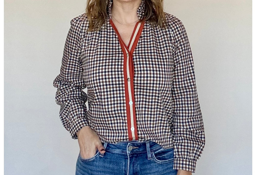 BROWN GINGHAM CHECK RUFFLE NECK TOP
