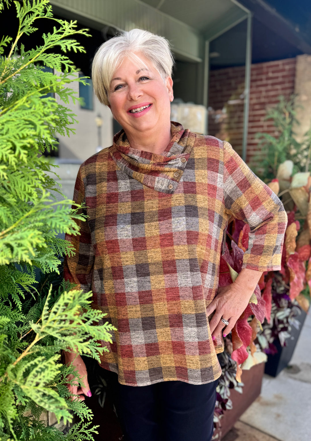 ADA BROWN CLAY PRINT COWL NECK TOP