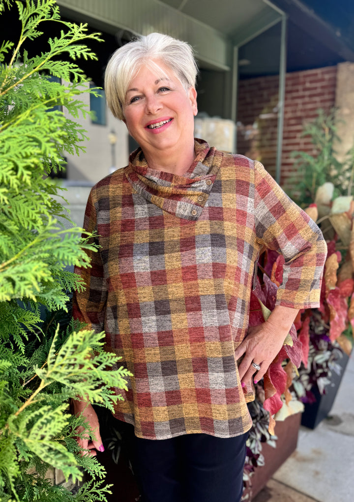 ADA BROWN CLAY PRINT COWL NECK TOP