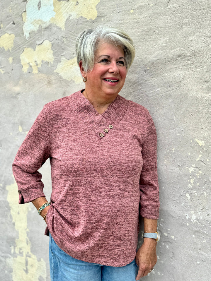 PAINTBRUSH PINK 3 BUTTON V-NECK KNIT TOP