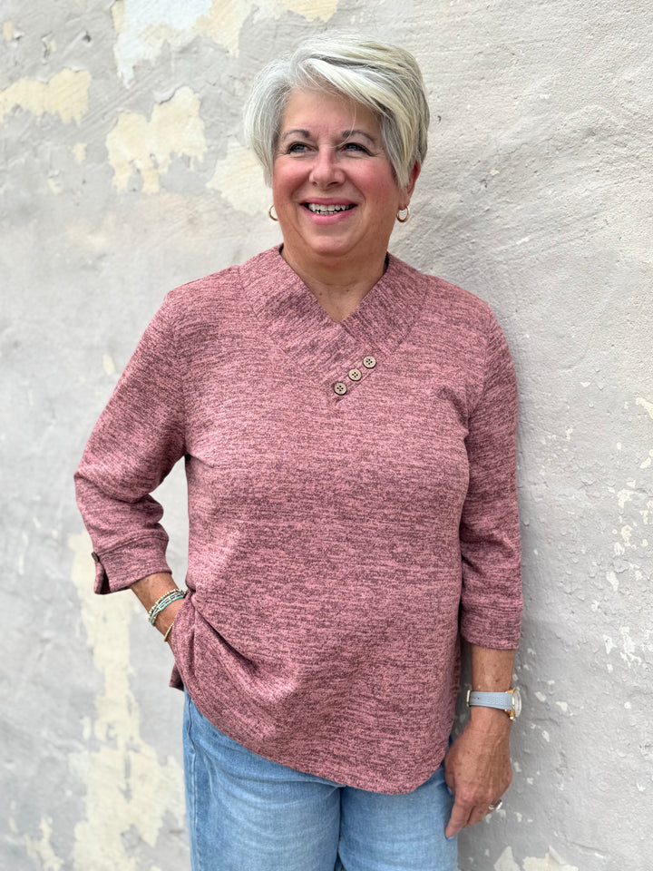 PAINTBRUSH PINK 3 BUTTON V-NECK KNIT TOP