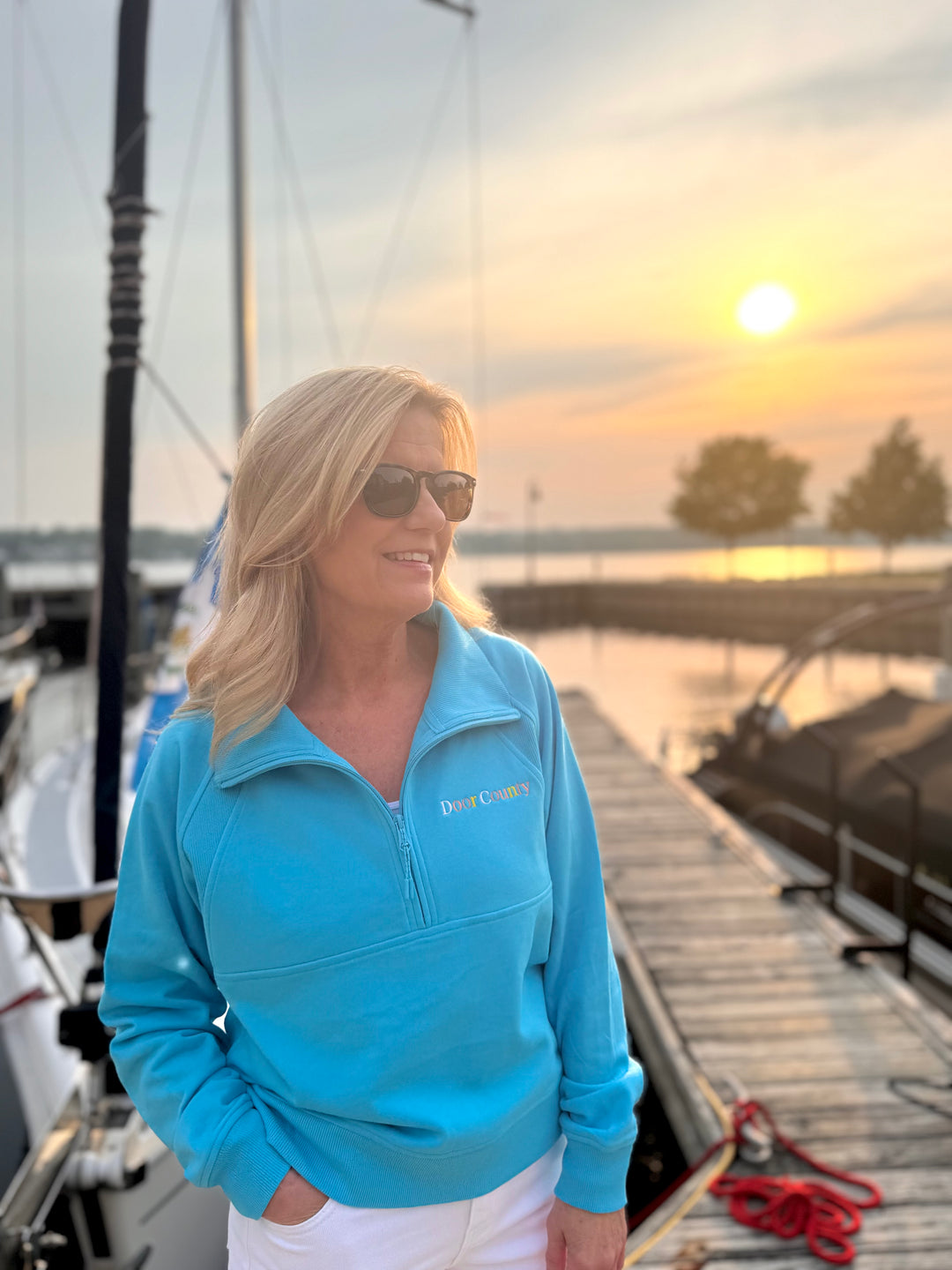 DOOR COUNTY TROPICAL BLUE EMBROIDERED  HALF ZIP SWEATSHIRT