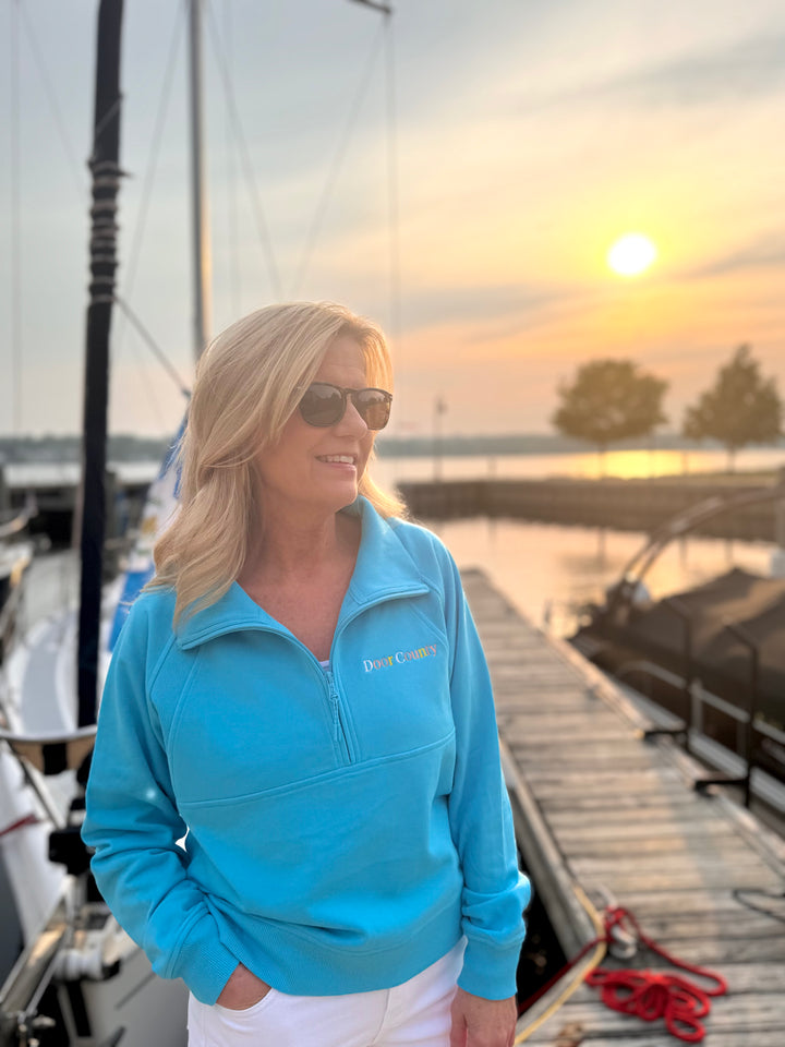 DOOR COUNTY TROPICAL BLUE EMBROIDERED  HALF ZIP SWEATSHIRT