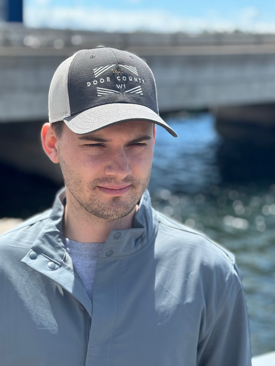 GRAPHITE DOOR COUNTY DIAMOND BOX EMBROIDERED TRUCKER HAT
