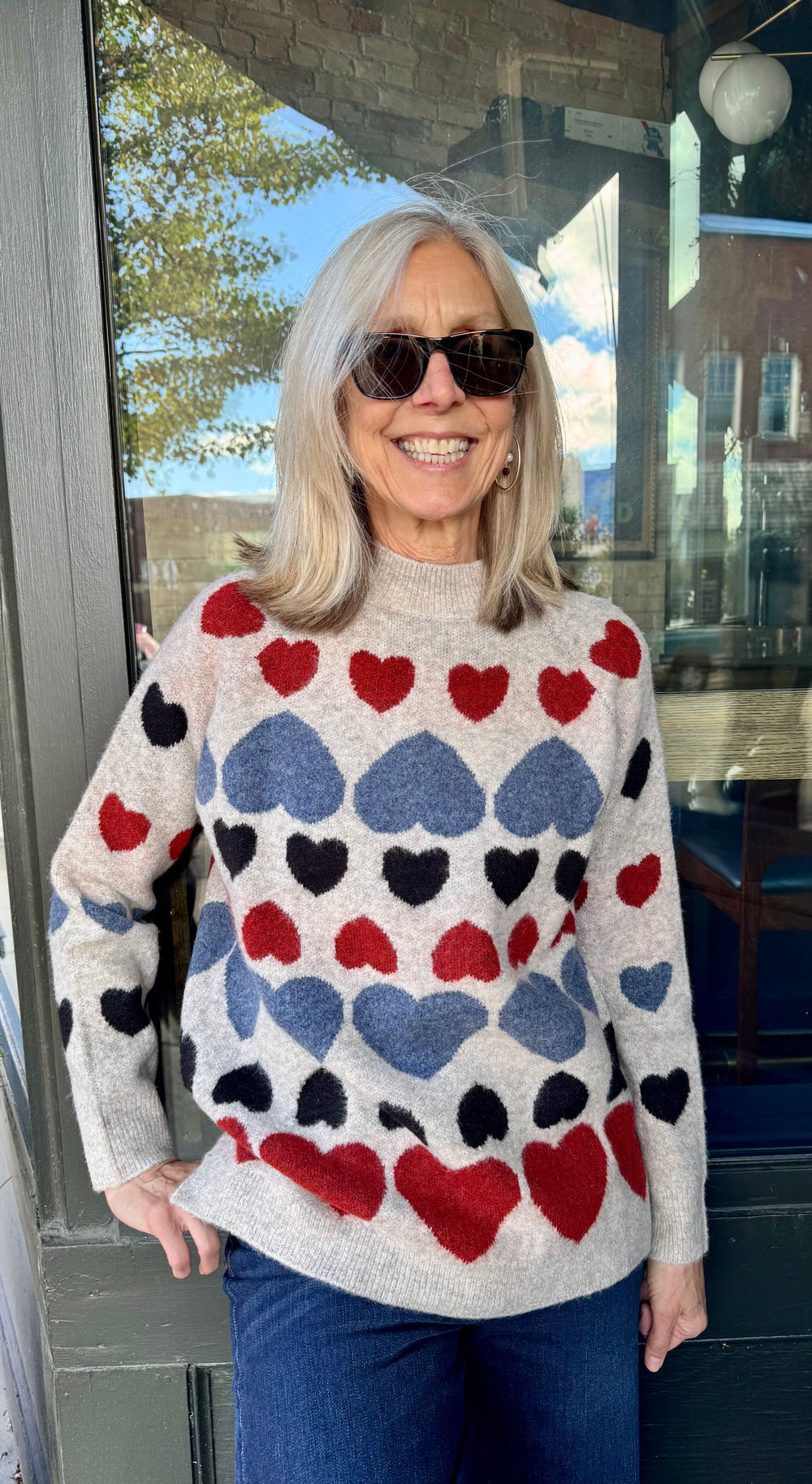 HEART JACQUARD OATMEAL MOCK NECK SWEATER
