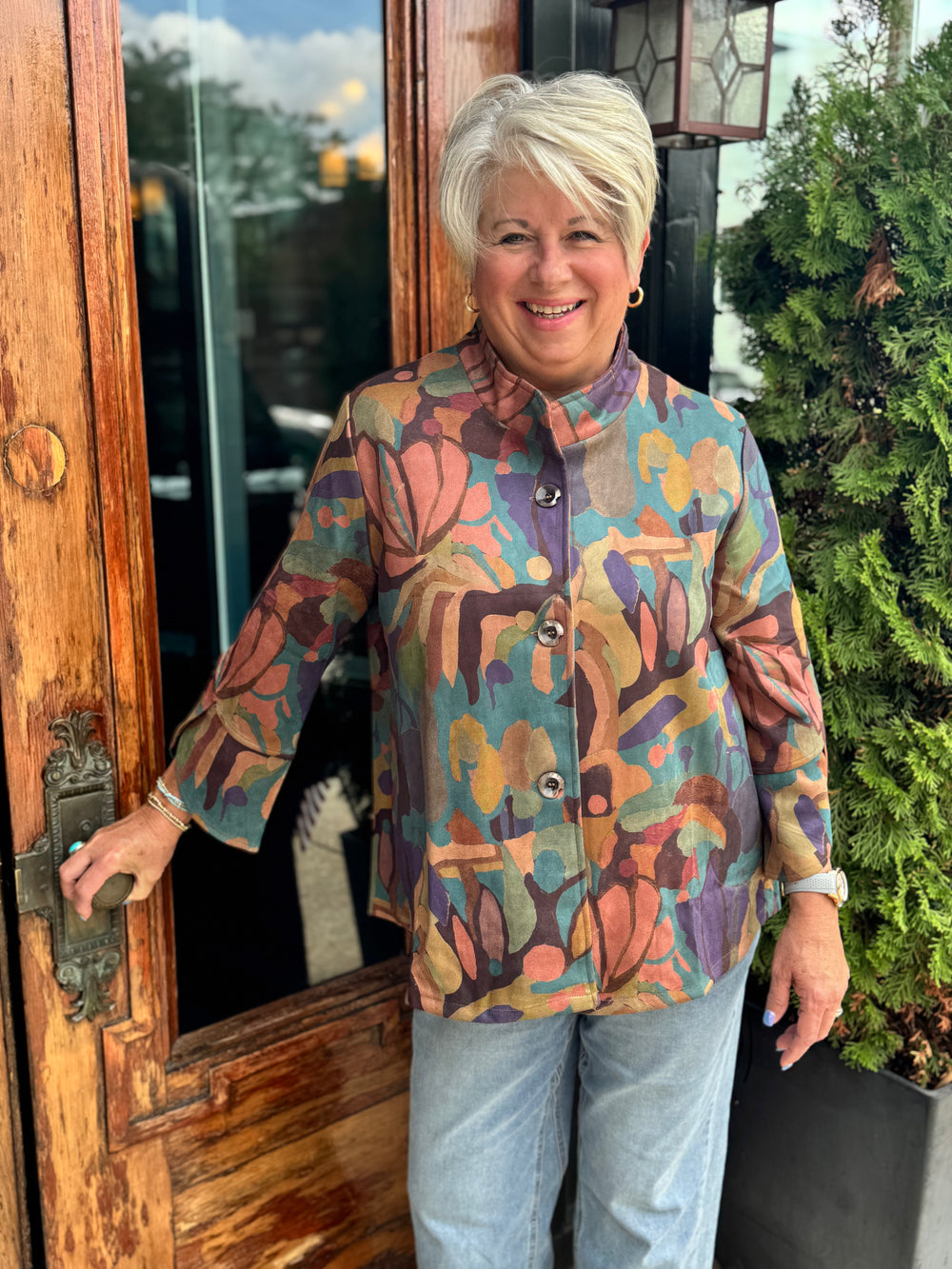 3 BUTTON FAUX SUEDE PRINT JACKET
