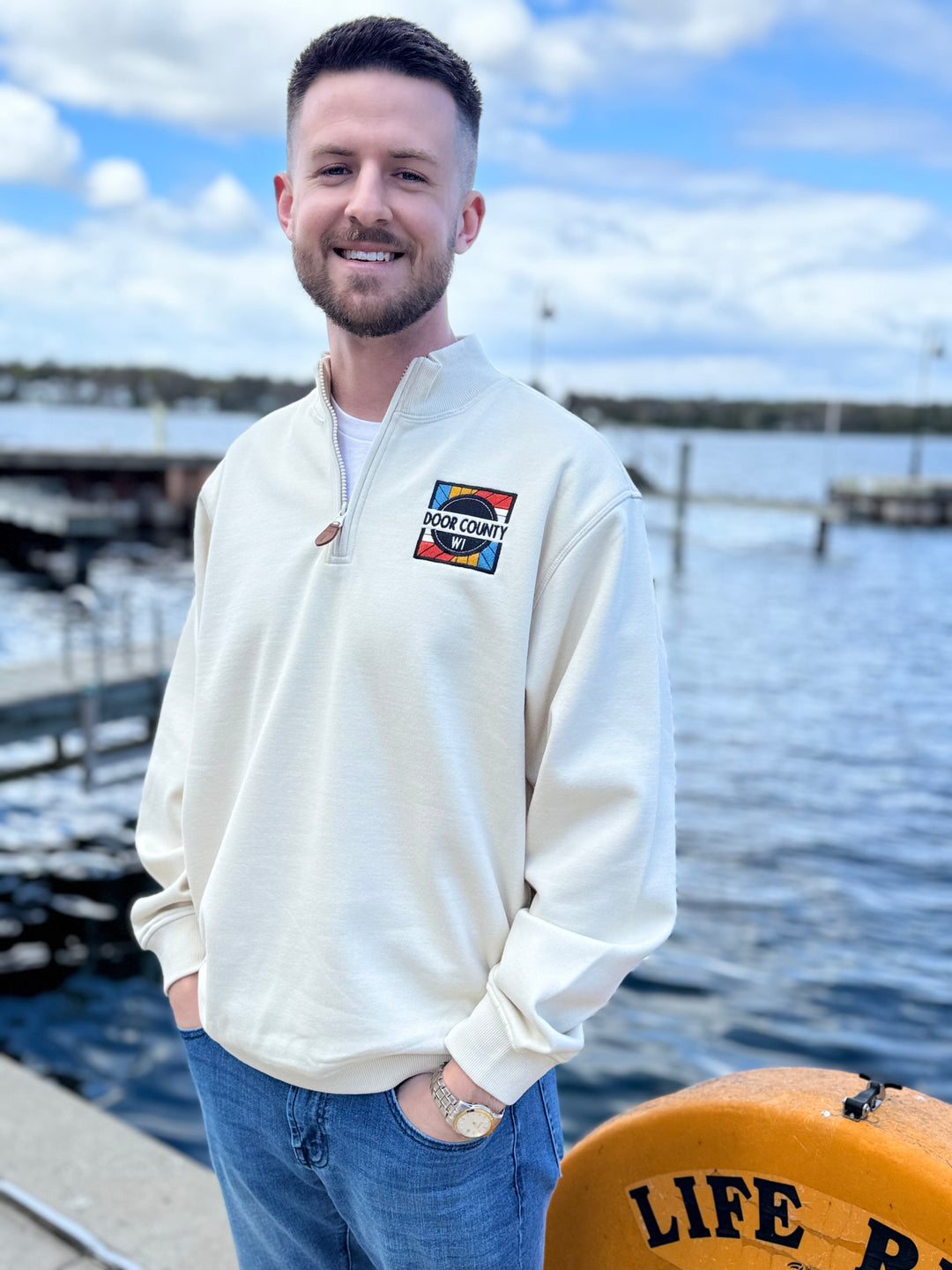 DOOR COUNTY EMBROIDERED PATCH SUEDED FLEECE  1/4 ZIP
