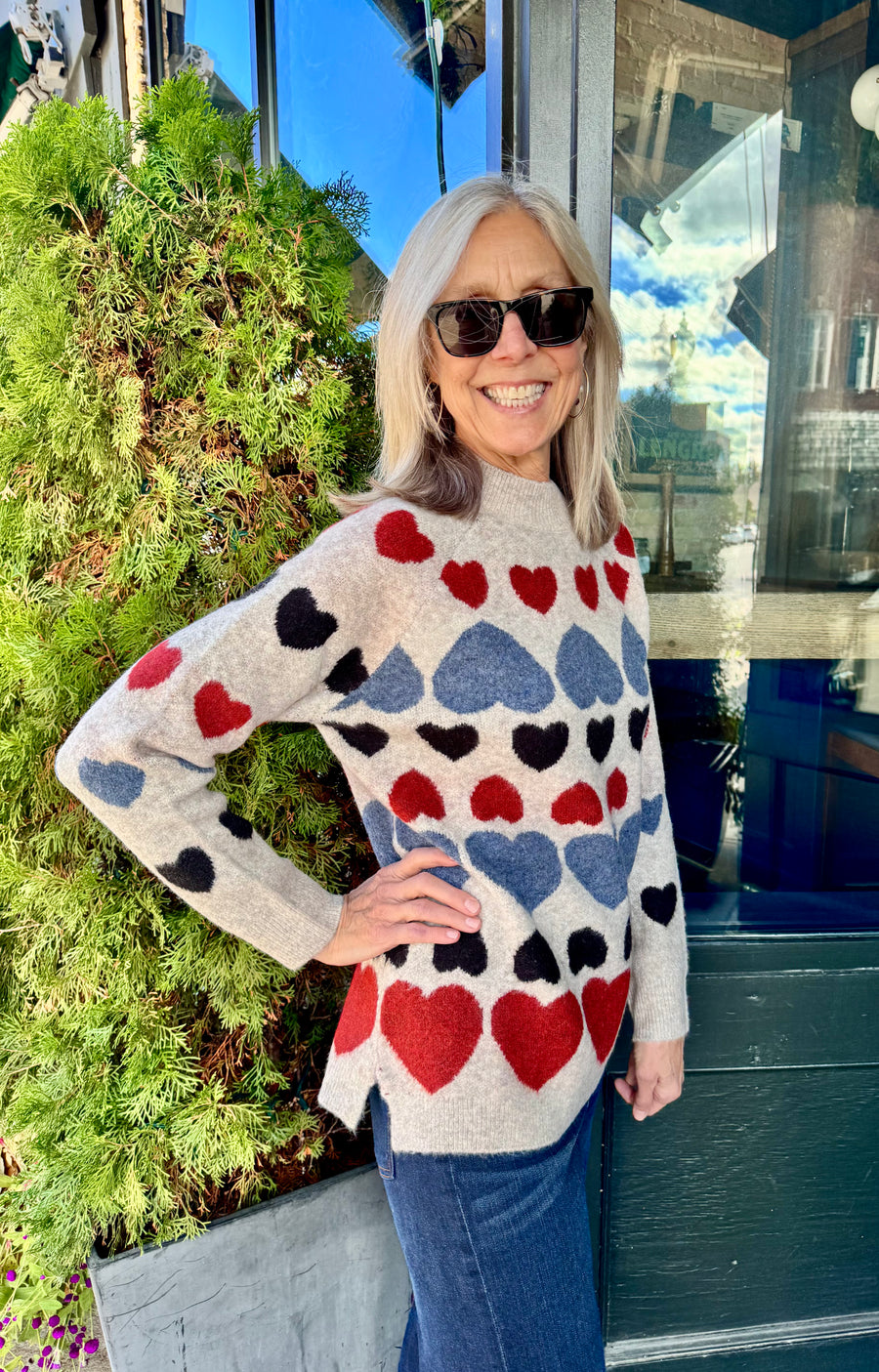 HEART JACQUARD OATMEAL MOCK NECK SWEATER
