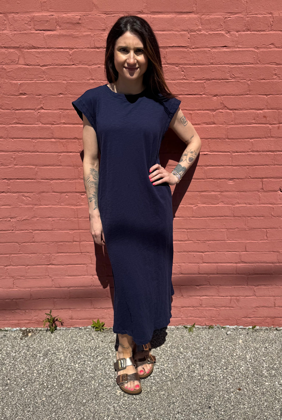 VIBRANT NAVY CAP SLEEVE COLUMN DRESS