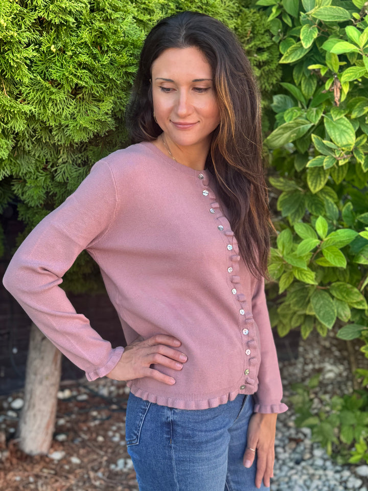 VINTAGE ROSE RUFFLE EDGE BUTTON UP CARDIGAN