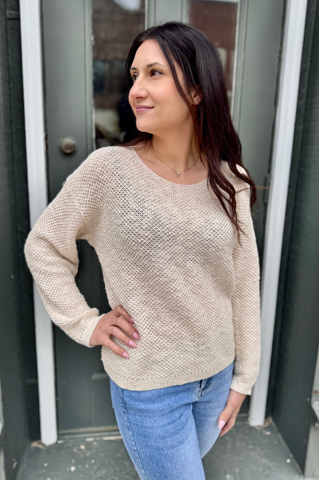 MIDGE NATURAL BASKET WEAVE CREW SWEATER