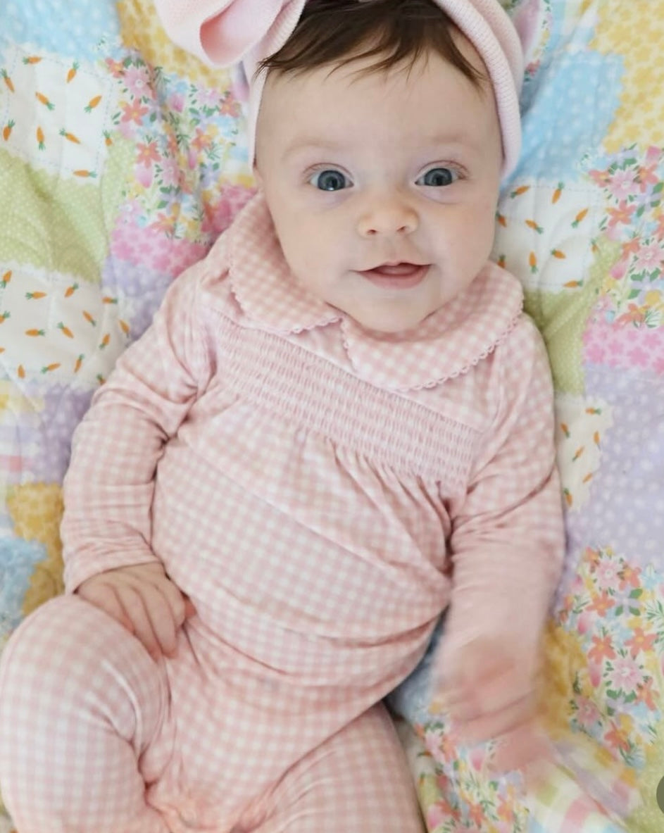 MINI PINK GINGHAM SMOCKED PETER PAN SNAP FOOTIE